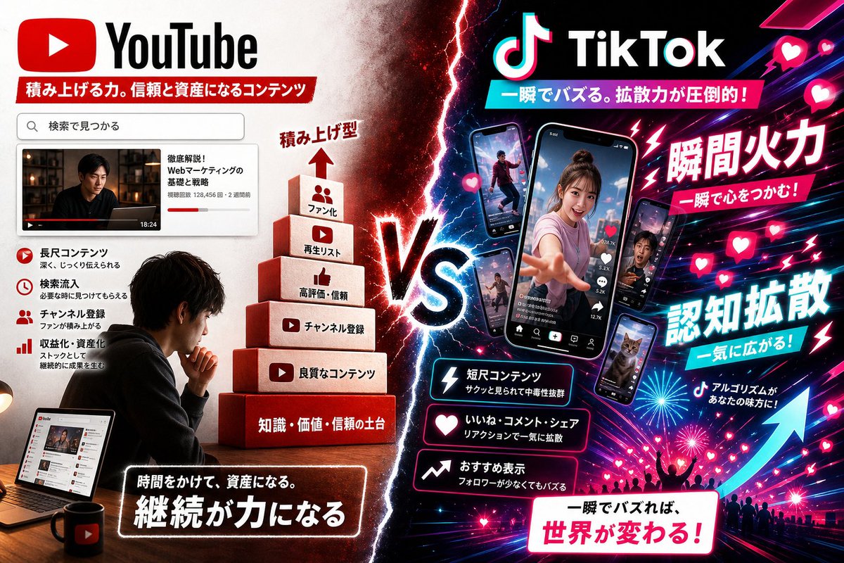 influcomas's tweet photo. YouTuberとTikToker、伸びる仕組みが真逆。YouTubeは「この人を見たい」で来る指名検索型。TikTokは「流れてきたから見る」通りすがり型。だから最近はTikTokで認知→YouTubeでファン化って流れ作る人がめちゃ増えてる。この使い分け、かなり強い https://t.co/oQPdqIOoXx
