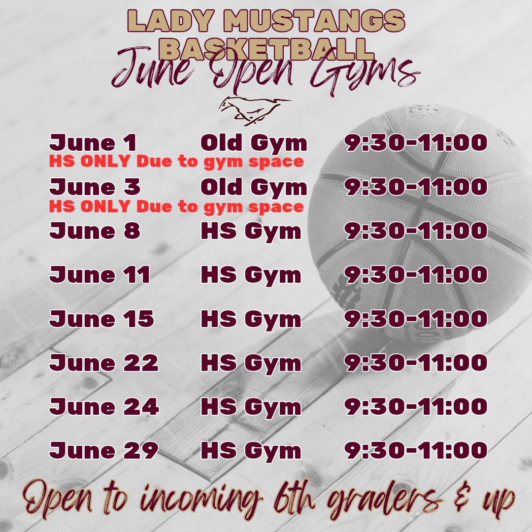 EldonLadyHoops's tweet photo. 🏀⛹️‍♀️ Summer open gyms schedule! 
⚠️ Unfortunately this week's open gyms will be high school players only due to gym space.

Looking forward to seeing a ton of Lady Mustangs getting better this summer! 📈 https://t.co/7G3l4rc73X