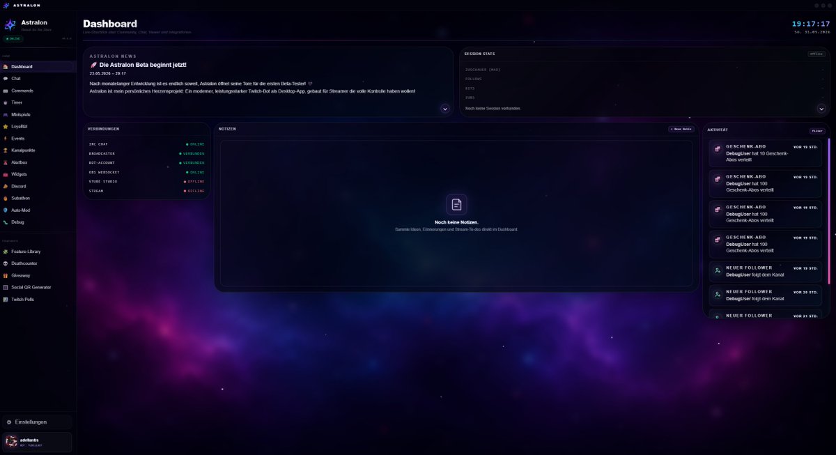 adellantis's tweet photo. Astralon Beta: Es geht los!

Nach einiger Entwicklungszeit ist es endlich soweit: Die geschlossene Beta von Astralon startet am 3. Juni 2026. 

Astralon startete ursprünglich als Electron-App. Mit der Zeit wurde klar, dass wir mehr wollten. Also haben wir Astralon komplett neu aufgebaut und auf Tauri 2 + Rust als Backend migriert, mit React und TypeScript im Frontend. Ein großer Teil dieser Migration wurde durch KI unterstützt, von der Planung über die Implementierung neuer Features bis hin zur Bugsuche. Dabei wurde jedoch jeder einzelne Schritt dokumentiert und geprüft. KI als Werkzeug, Entscheidungen als Mensch.

Astralon ist ein Twitch-Bot als Desktop-App für Windows, alles lokal, alles in eurer Hand:

- Chat-Commands & Timer: Eigene Commands, automatische Nachrichten, Cooldowns und mehr.

- Loyalty-System: Punkte, Ränge, Watchtime-Tracking und Chat-Commands wie !points und !rank.

- Kanalpunkte: Twitch Channel Points direkt aus Astralon verwalten, Szenenregeln für OBS setzen und automatisch auf Einlösungen reagieren. Szenenregeln erlauben es dem Streamer festzulegen ob eine Kanalbelohnung in einer bestimmten OBS-Szene aktiv, deaktiviert oder teurer ist. So kann z.B. eine "Just Chatting" Belohnung automatisch deaktiviert werden sobald der Streamer zur Gaming-Szene wechselt. Dafür muss OBS mit Astralon verbunden sein, und es funktioniert nur mit Belohnungen die in Astralon selbst erstellt wurden.

- Minispiele: Duelle, Raub, Coinflip und mehr direkt im Chat.

- Subathon-Timer: Vollautomatisch mit eigenem OBS-Overlay.

- Alertbox (experimentell): Vollständig anpassbare Alerts für Follows, Subs, Raids, Bits und mehr. Eigene Videos, GIFs und Sounds. Dieses Feature befindet sich noch in aktiver Entwicklung und kann gelegentlich Probleme aufweisen, genau dafür ist die Beta da.

- Custom Widgets (experimentell): Eigene StreamElements-kompatible Widgets lokal hosten, ohne externen Dienst. Auch dieses Feature ist noch experimentell und wird aktiv weiterentwickelt.

- QR Code Generator: Ihr könnt eure eigenen QR Codes kostenlos erstellen, sie Designen und herunterladen. Aktuell gibt es ein paar Einstellungen, um das Design zu verändern, weitere Designmöglichkeiten werden in Zukunft hinzu kommen. 

Astralon wurde von Grund auf mit Sicherheit im Hinterkopf entwickelt. Alle sensiblen Daten wie Twitch-Tokens und Passwörter werden ausschließlich im Windows Credential Manager gespeichert, verschlüsselt und sicher von Windows verwaltet. Sie landen weder in Dateien noch in Backups. Die gesamte Bot-Logik läuft lokal auf eurem Rechner und verlässt ihn nicht. Astralon verbindet sich nur mit Twitch, euren eigenen Diensten wie OBS, VTube Studio, Streamelemnts/Streamlabs und natürlich unserem Server, der Feedback, Bugreports annimmt und Updates bereitstellt.

Wie die Beta abläuft:
Die Beta startet geschlossen, nur eingeladene Personen können teilnehmen. Da ein Discord-Server aktuell noch in Planung ist, wird in dieser Phase persönlicher Support geboten.

Wöchentlich werden neue Teilnehmer eingeladen, sofern keine schwerwiegenden Probleme auftreten. Wer dabei sein möchte kann sich unter https://t.co/y1Z34tlcN0 registrieren.

Reach for the stars. 🌟

#GerVtuber