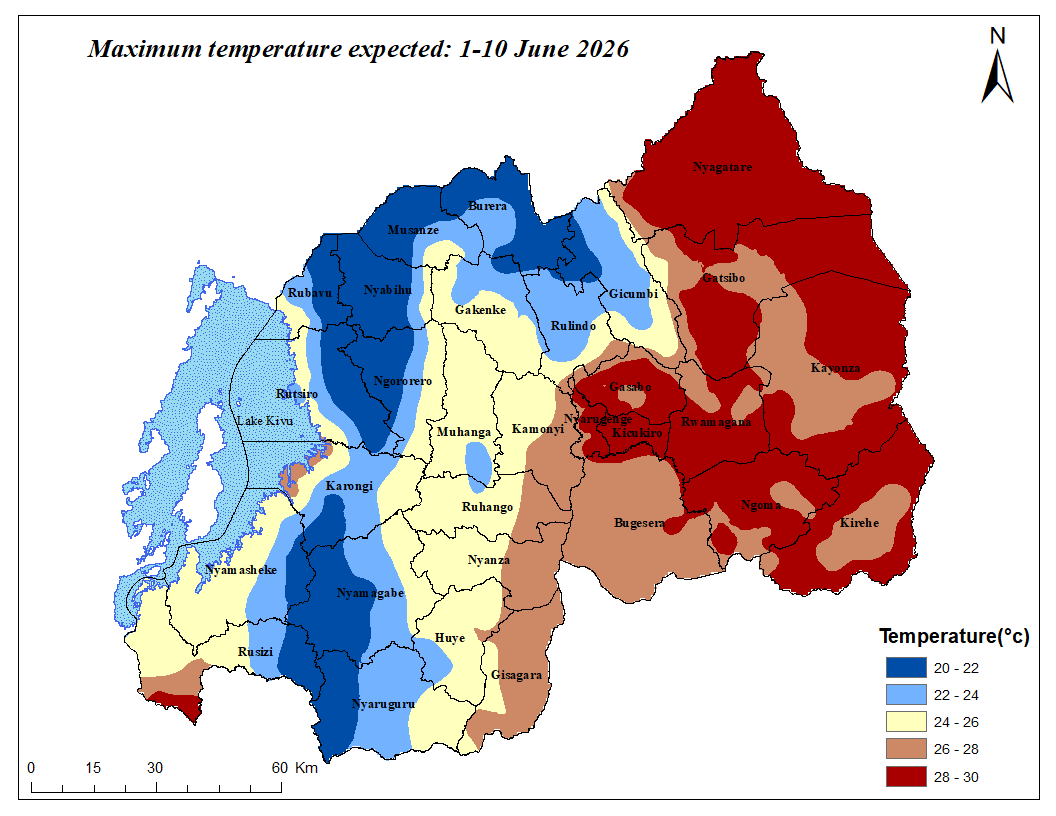 MeteoRwanda's tweet photo. DEKADAL WEATHER FORECAST
🗓️10-10 June 2026
Rainfall ranging between 10-60 mm is predicted across the country, which will be slightly above the Long-Term Mean (LTM) range.
The daytime maximum temperature will range from 20°C to 30°C
➡️https://t.co/T3TyU1rDHL https://t.co/Pt3YUCcZj5