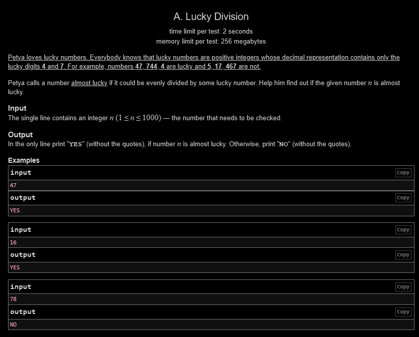 Siddhesh_2110's tweet photo. Day 179 🚀

✅ LC POTD
✅ GFG POTD
✅ CF 1x Problem

CF Insight:
A number is almost lucky if it's divisible by any lucky number (digits 4 &amp; 7 only).

Since n ≤ 1000, checking all lucky numbers ≤ 1000 is enough.

Any divisor found → YES
Otherwise → NO

#Day179 #DSA #Codeforces https://t.co/7yXnhmaWlS