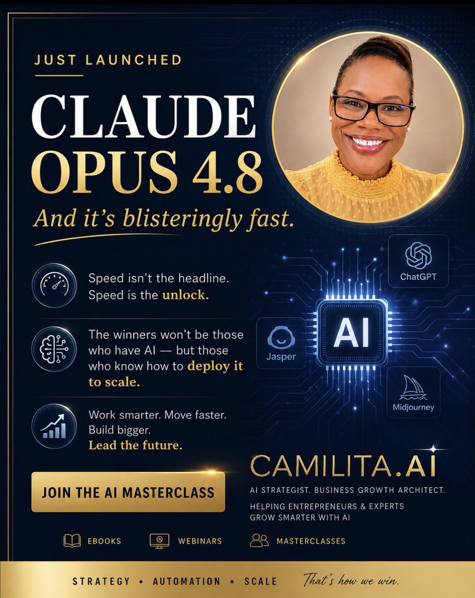 eventofchampion's tweet photo. Just dropped: Claude Opus 4.8. And the first thing you notice? Speed. 🚀

Here’s what most people will miss while they’re busy being impressed by the demo:

No jargon. No 90-minute pitch. Just steps you can use and It’s FREE.

📲 Register FREE NOW 👉 https://t.co/E3TcPNkdNG https://t.co/0PTR5dSk1m
