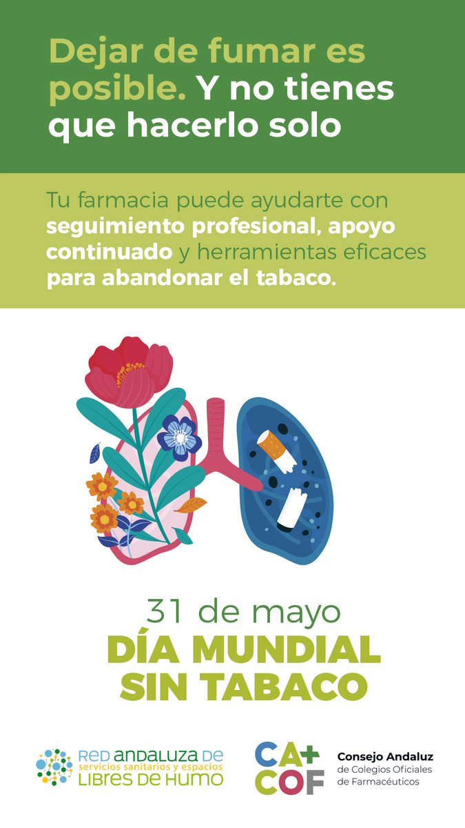 CACOF_'s tweet photo. 🚭 Hoy es el Día Mundial Sin Tabaco.

🫱🏻‍🫲🏼 Seguramente ya habrás escuchado o leído muchos mensajes al respecto. Nosotros sólo queremos que te quedes con uno: si quieres dejar de fumar, no lo hagas solo/a.

🥼 Las farmacias andaluzas estamos para ayudarte.

#DíaMundialSinTabaco https://t.co/wTZmRUFIwb