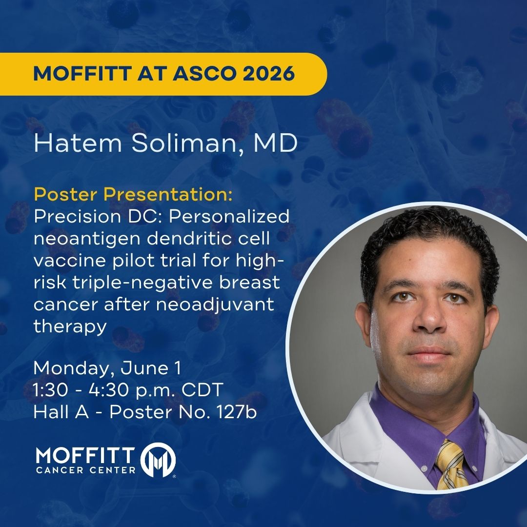 MoffittNews's tweet photo. Could personalized vaccine approaches help shape the future of breast cancer treatment? Hatem Soliman, MD, will share research at #ASCO26 evaluating a personalized dendritic cell vaccine strategy for high-risk triple-negative breast cancer following neoadjuvant therapy. #MoffittASCO26 @ASCO