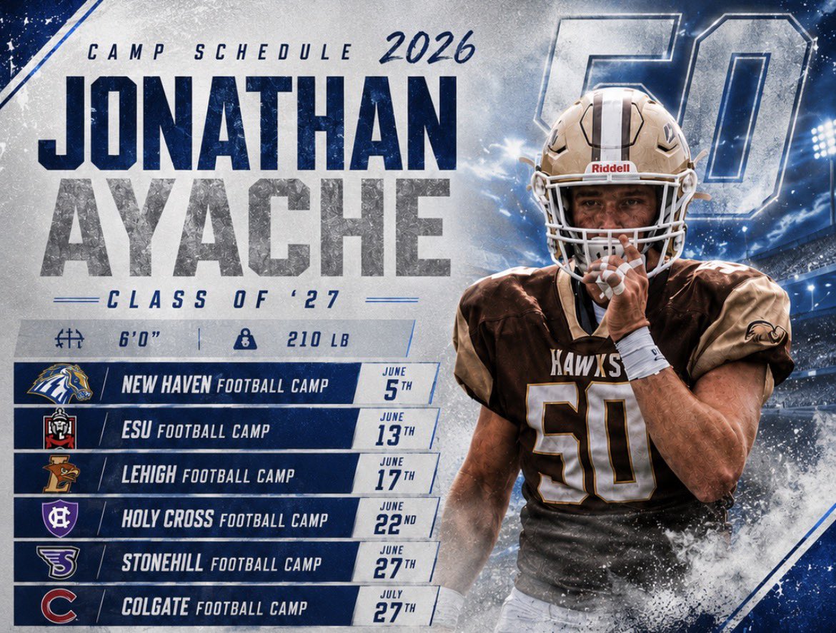 jonathanayache4's tweet photo. Here is my 2026 Camp Schedule‼️‼️Excited to get out there to compete and display my talents‼️ @CoachBerardelli @coachbernard11 @coachlackey @Coach_A_Brunori @CoachScerb @CoachJurkovec @CoachRichNagy @CoachDaddona @CoachTBiscardi @Coach_McCrann @PRZVicCastillo https://t.co/OH3dkin2bR
