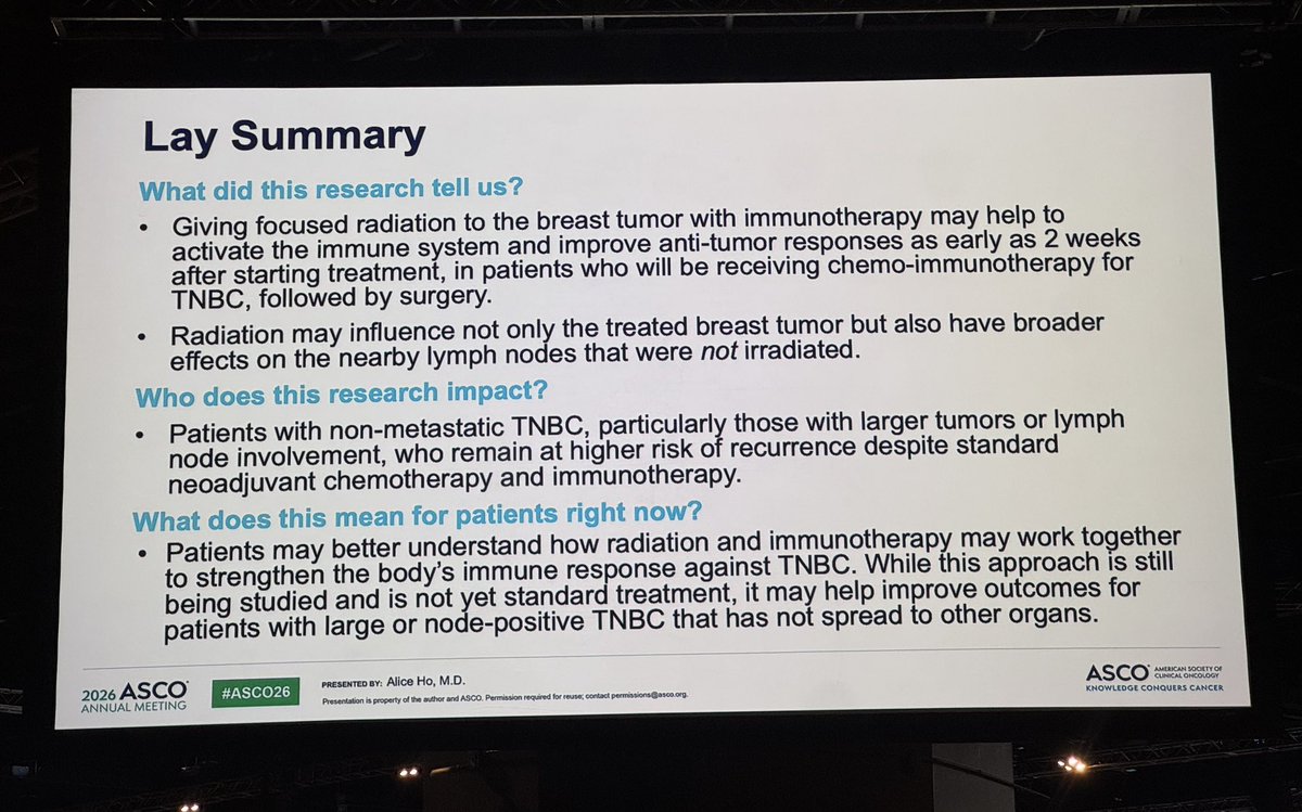 PTarantinoMD's tweet photo. Promising results from the TNBC cohort of P-RAD: the addition of preoperative RT + pembro led to significantly increased T-cell infiltration and descriptively higher pCR rate c/w pembro alone. #ASCO26 @TheTBCRC https://t.co/uIrvNbZNAN