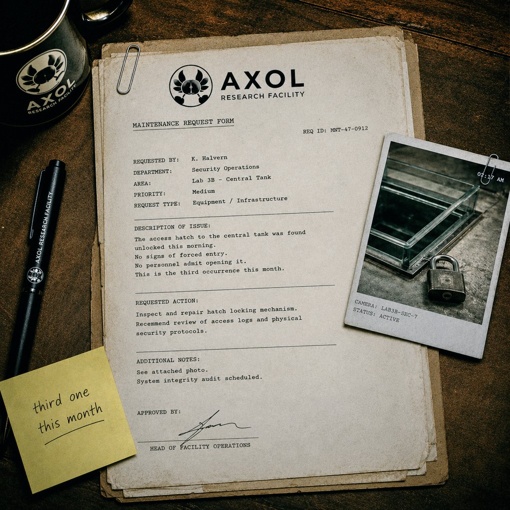 Chaac_Da_G's tweet photo. AXOL CONTAINMENT ARCHIVE MAINTENANCE REQUEST: DAY 033

Sender: K. Halvern

Tank: 3
Issue: Access hatch lock

Found unlocked.
Timestamped Polaroid 0217 AM.
No signs of forced entry or exit. No personnel admit opening it.
Third occurrence this month.

They're letting themselves out https://t.co/mNtUmhPqhI