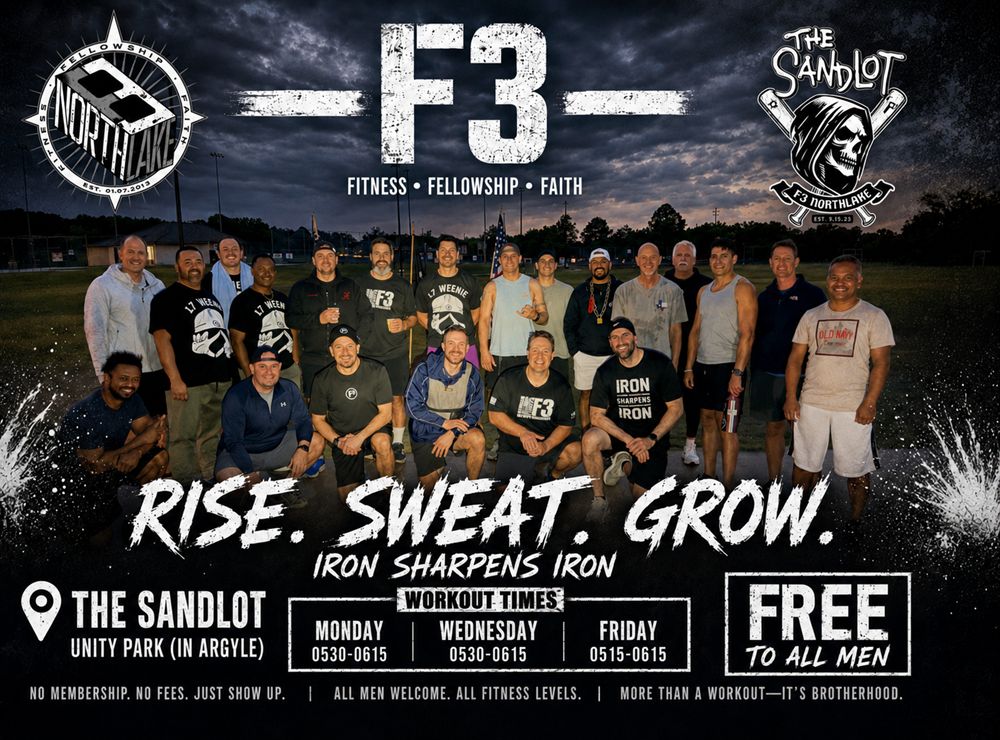 F3Northlake's tweet photo. 💪 Looking for a great workout?

Join us at The Sandlot in Argyle:
📍 Unity Park, 135 Crawford Rd
⏰ M/W 5:30-6:15am | F 5:15-6:15am

FREE outdoor bootcamp workouts for men of all ages and fitness levels.

Or find one of 100+ free F3 workouts across DFW: https://t.co/4dAYl6dZo4 https://t.co/ZRySpMKWhh