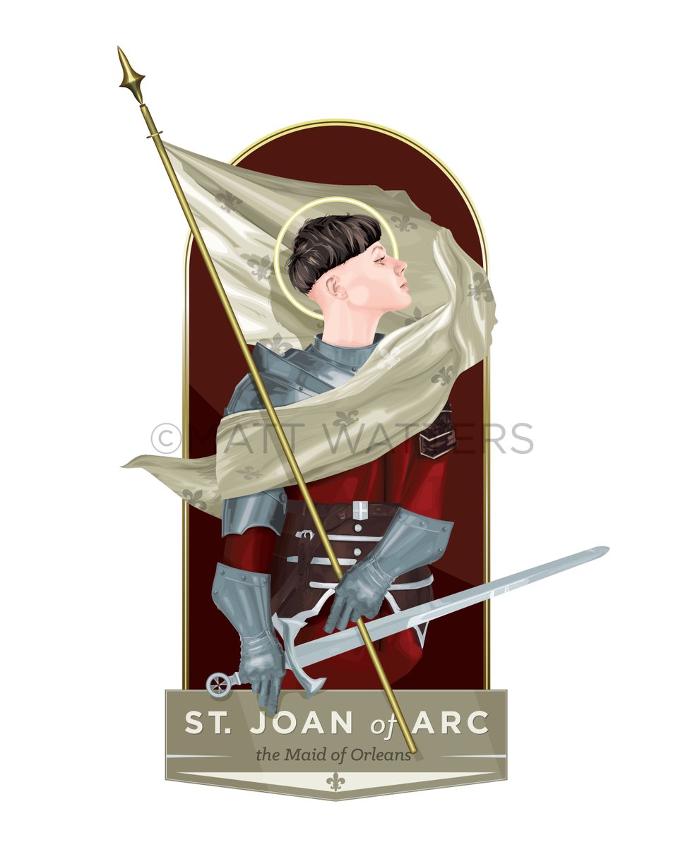 Mat8119Watters's tweet photo. A teenager who heard the voices of Heaven, took up the sword in God’s name, and saved Catholic France from destruction. Burned at the stake for her love of Christ and His Church, now  a glorious saint and patroness of soldiers. St. Joan, Pray for us!
#StJoanOfArc @SrTeresam https://t.co/PH5hCWdRPk