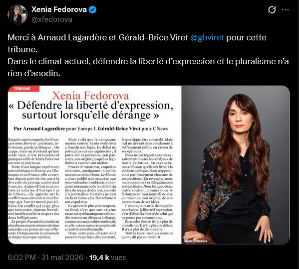 ObsDelphi's tweet photo. 🇷🇺La honte ne se cache plus.

Les médias Bolloré assument jusqu'au bout de laisser une libre antenne totale et systématique à Fedorova.

Ils parlent de soutien à une « journaliste » sans carte de presse, qui serait attaquée seulement selon son origine. Intéressant, @AmourskyCyrille est franco-russe et pourtant il n'a jamais été un propagandiste du Kremlin, bien au contraire.

Fedorova se moque ouvertement de nous, parlant de « défendre la liberté d'expression et le pluralisme » alors même qu'elle sait pertinemment qu'aucun d'entre nous ne serait autorisé à apporter un point de vue critique dans les médias russes, tous bâillonnés par la censure.

Les journalistes qui travaillent avec elle savent très bien ce qui se passe et quels sont les enjeux. Ils savent qu'ils laissent Vladimir Poutine répandre sa propagande à travers Fedorova et ils valident cet état de fait. Ils encouragent l'ingérence d'une puissance étrangère ennemi sur nos ondes.

Un jour viendra où il faudra faire les comptes et, ce jour-là, chacun devra être mis face à ses responsabilités. Si un conflit avec la Russie éclate, il faudra trouver tous ceux qui ont favorisé la propagande russe dans nos médias et les sommer de s'expliquer. 

La 5ème colonne de Poutine en France est bien présente mais ne sera pas toujours à l'abri d'un retour de boomerang.