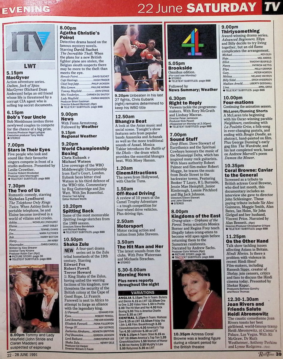 TvDidYouSee's tweet photo. #OnThisDay 22 June 1991 📺TV Listings
A new series of THE LES DENNIS LAUGHTER SHOW begins.
Another chance to see the final episode of TWIN PEAKS.
#EdwardFox in new drama SHAKA ZULU.
Memorable Spitting Image in SPITTING BACK.
#NicholasLyndhurst in a repeat of THE TWO OF US. https://t.co/L9qofQrJQL