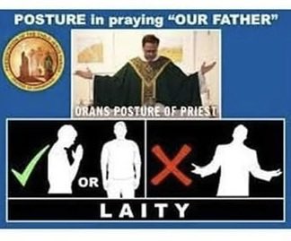 realCarola2Hope's tweet photo. Pope Leo XIV recently spoke about abuses of the liturgy. 

The image shows one of the most common examples: the misuse of the orans posture (hands raised and extended) by the faithful during the Our Father.

In nearly every Novus Ordo Mass I attend (98% of them), the congregation does this.

This posture is proper to the priest, who stands in persona Christi, in the person of Christ, during the Our Father. 

He extends his hands to God on behalf of the people, acting as their mediator and leader in prayer.

The laity have their own proper role: to pray with the priest, not to imitate his gestures. 

The orans posture is a priestly gesture, not one intended for the non-ordained faithful.

Non-Catholics often pray this way because they do not have (or do not believe they need) a Catholic priest to lead them in prayer. 

In the Catholic Mass, however, it is a grave abuse for members of the non-ordained faithful to “quasi-preside” in this manner, blurring the distinct roles of priest and people.