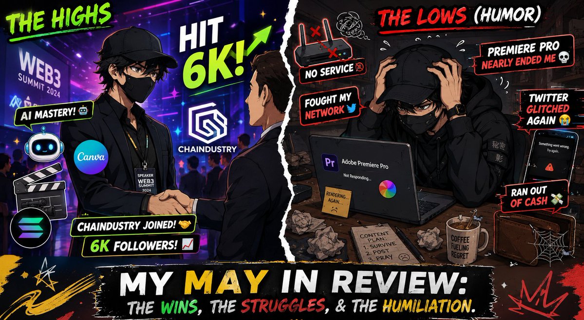 realSmrtAlpha's tweet photo. It's the last day of May, and honestly? Mehn! I have tried... 

I’m actually proud of myself because this month was a wild mix of "I'm a tech genius" and "I am fighting for my life."

Here’s the breakdown of my May madness:

➛ Went on a hit 6k followers streak! (The community is growing, we move!) 

➛ My engagement skyrocketed a bit (people are actually reading my long paragraphs, god abeg)

➛ Joined Chaindustry (officially deep in the Web3 trenches now)

➛ Learned AI prompting, so I now argue with robots for a living

➛ Upgraded my Canva skills, graphic designer by fire, by force

➛ Transitioned to video content (you people will see my face whether you like it or not) 

➛ Tried Adobe Premiere Pro... it tried to reset my life, so I humbled myself and ran back to CapCut 💀

➛ X (Twitter) kept glitching every two business days just to test my anger issues

➛ Attended a ridiculous amount of Web3 events just to hear "wagmi" 50 times a day

➛ Connected with some amazing, like-minded people who also don't sleep

➛ Ran out of cash (the premium, authentic Web3 creator experience)

➛ Shot my shots at different contests

➛ Won exactly ONE contest! (Hey, a W is a W, we take those!)

➛ ran out of pep to casually chat with somewhere along the line... if you're reading this, come back, the streets are cold

➛ Fought network providers daily just to post one thread

➛ Survived multiple premium episodes of near-success syndrome.

It wasn't a perfect month, and the trenches were cozy at times, but I'm incredibly grateful for how far I've come.

we do it better by June, smarter, and hopefully with a lot more liquidity, Don't watch me grow lad, let's grow..

 Happy last day of May! And... thank you for the lessons✌️

#smrtAlpha