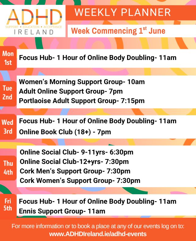 adhdireland's tweet photo. Pop in to a support group or event this week 😊 
Register now: https://t.co/BPLqdCOUTK https://t.co/1pl6mGKETG