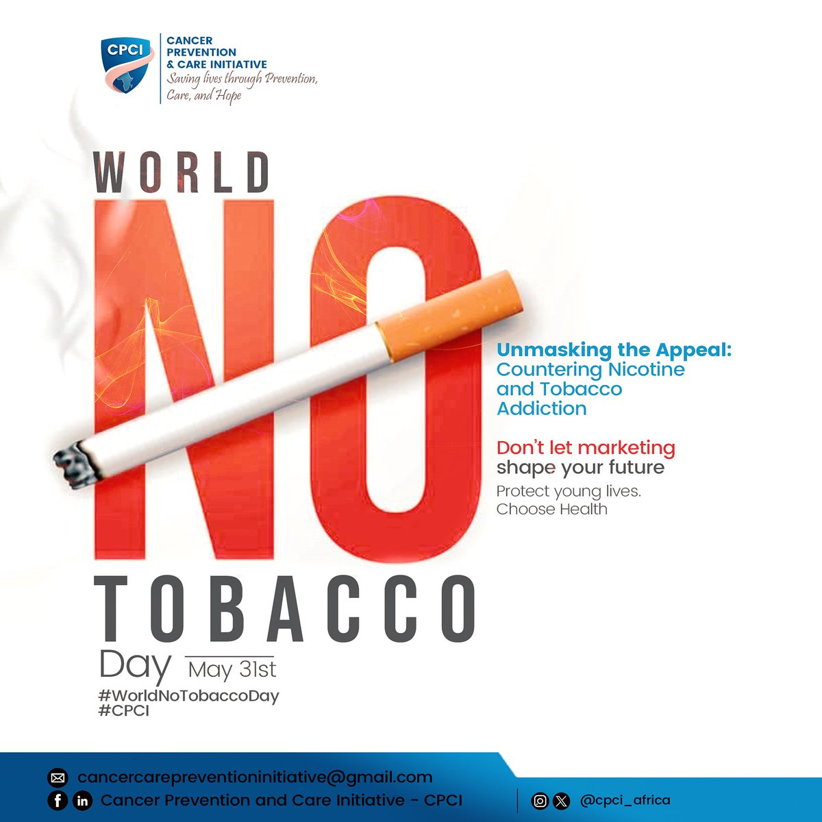 cpci_africa's tweet photo. Not everything designed to look attractive is harmless.

This World No Tobacco Day, we join the call to Unmask the Appeal and protect young people from nicotine and tobacco addiction.

Prevention starts with awareness.

#WorldNoTobaccoDay #CPCI #CancerPrevention #youth #action https://t.co/PHRChfIAYW