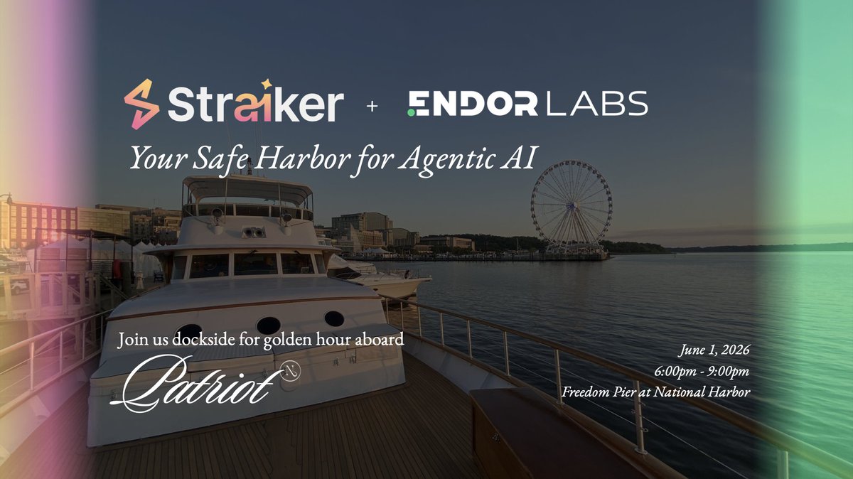 straikerai's tweet photo. It’s not too late to RSVP. Join @straikerai and @EndorLabs tomorrowt for 𝑺𝑨𝑭𝑬 𝑯𝑨𝑹𝑩𝑶𝑹 𝑭𝑶𝑹 𝑨𝑮𝑬𝑵𝑻𝑰𝑪 𝑨𝑰 at Freedom Pier, National Harbor. #securityevents
https://t.co/bYV1F5h4F5 #GartnerSec #infomationsecurity https://t.co/CDYHAgQzPc
