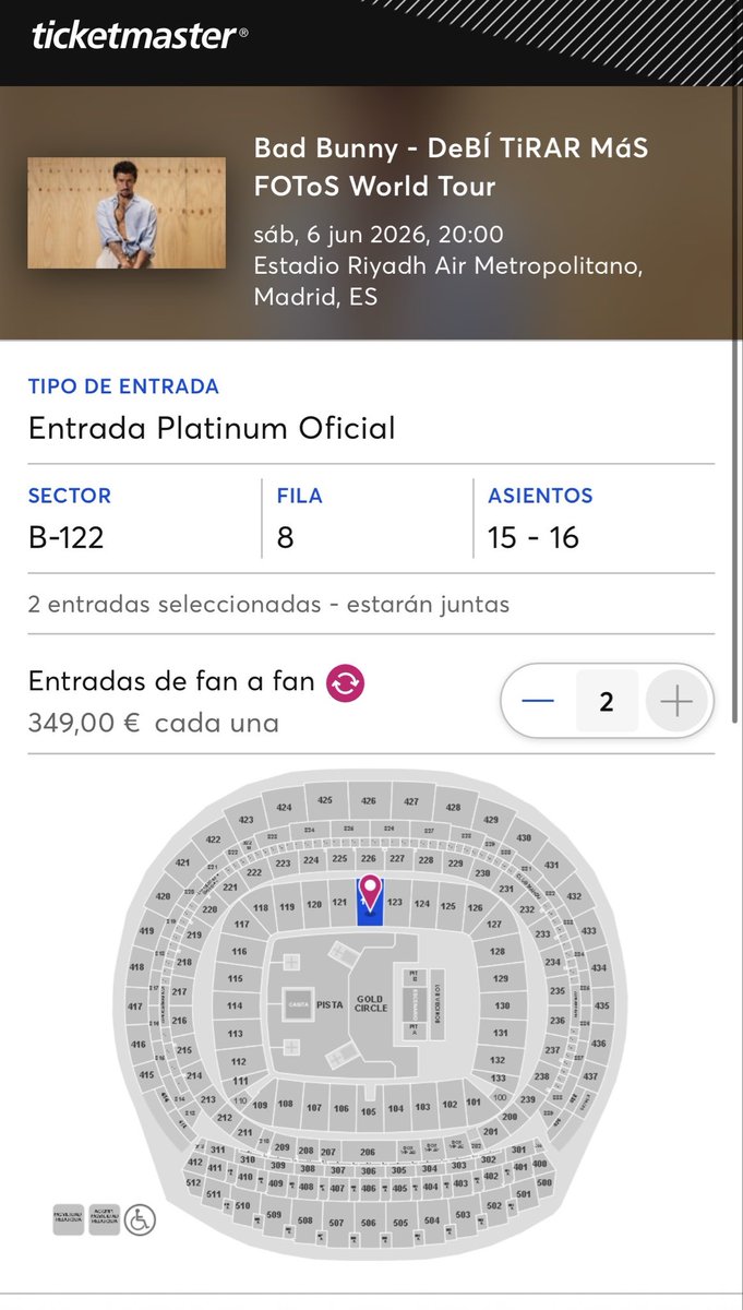 Beenzhy's tweet photo. Estoy vendiendo dos entradas de Bad bunny por Ticketmaster. Para la fecha 6 de junio. Sector 122 Fila 8.  #badbunny
#MadridConcert #ticketmaster 
https://t.co/Y2VbRoMhzd https://t.co/IcDC4AYa7D
