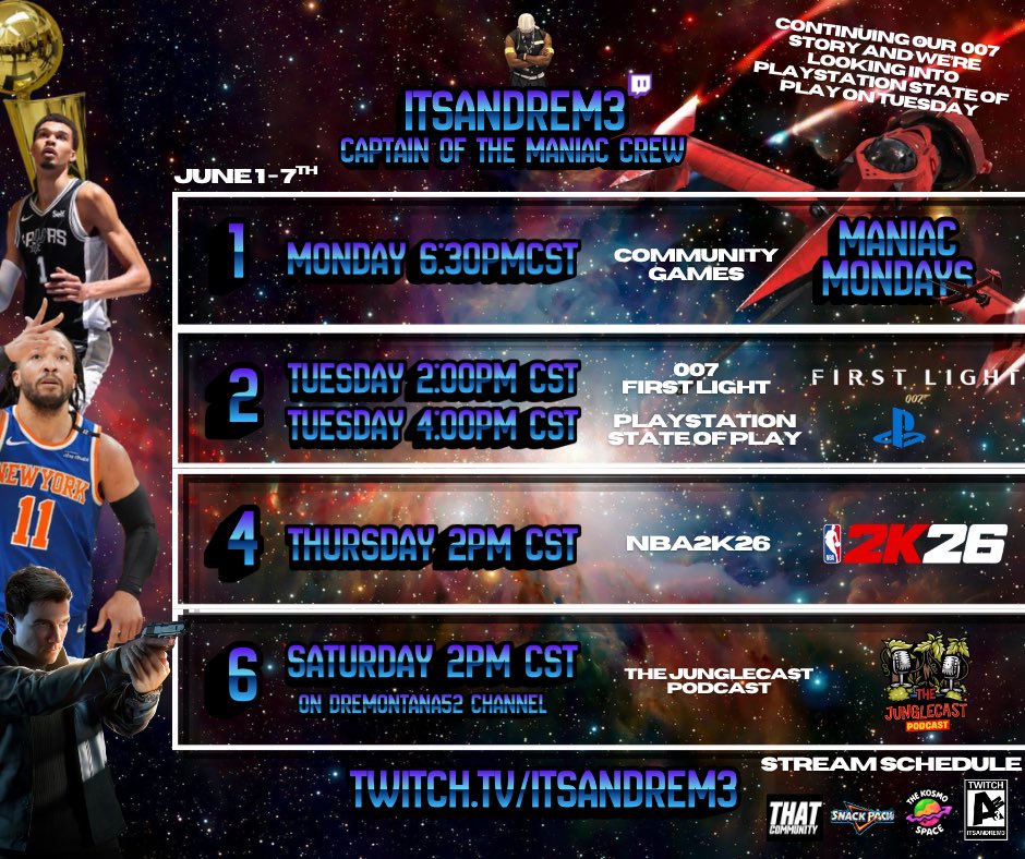 ItsAndreM3's tweet photo. Maniac crew 🚀 Monday, you know it’s our weekly game nights. Tuesday we got 007 with the State of play watch party later. Shoutout to the @spurs &amp; @nyknicks for making the NBA Finals so why not play 2k that day. Finally, tune in to @DreMontana52 Junglecast podcast this Saturday https://t.co/NtMQG0xMsO