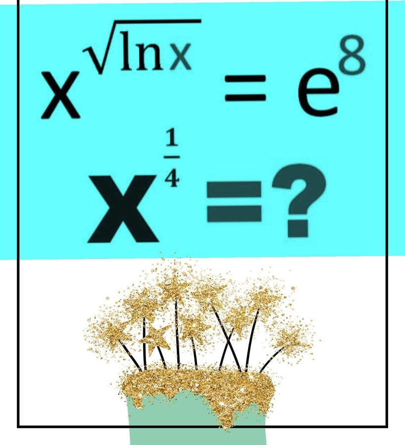 DimEvangs's tweet photo. @sonukg4india => sqrt(ln x). ln x = 8 => (ln x)^(3/2) =  8 => 
ln x = 8^(2/3) = (2^3)^(2/3) = 2^2 = 4 => x=e^4 =>
x^(1/4)= e https://t.co/qvZTOrgFJB