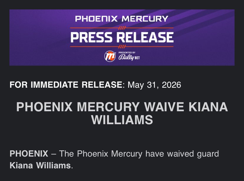 wlopezde's tweet photo. The Phoenix Mercury have waived Kiana Williams.

#WNBA https://t.co/MKb4rvC3tS