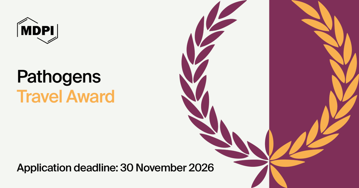 Pathogens_MDPI's tweet photo. Pathogens Travel Award — applications are open!

Supporting early-career researchers in presenting their work at international conferences in the field of pathogens and pathogen–host interactions. Apply before November 30, 2026.

🔗https://t.co/WYKAJLt5JT

#Pathogens #TravelAward https://t.co/TP90QXSWwP