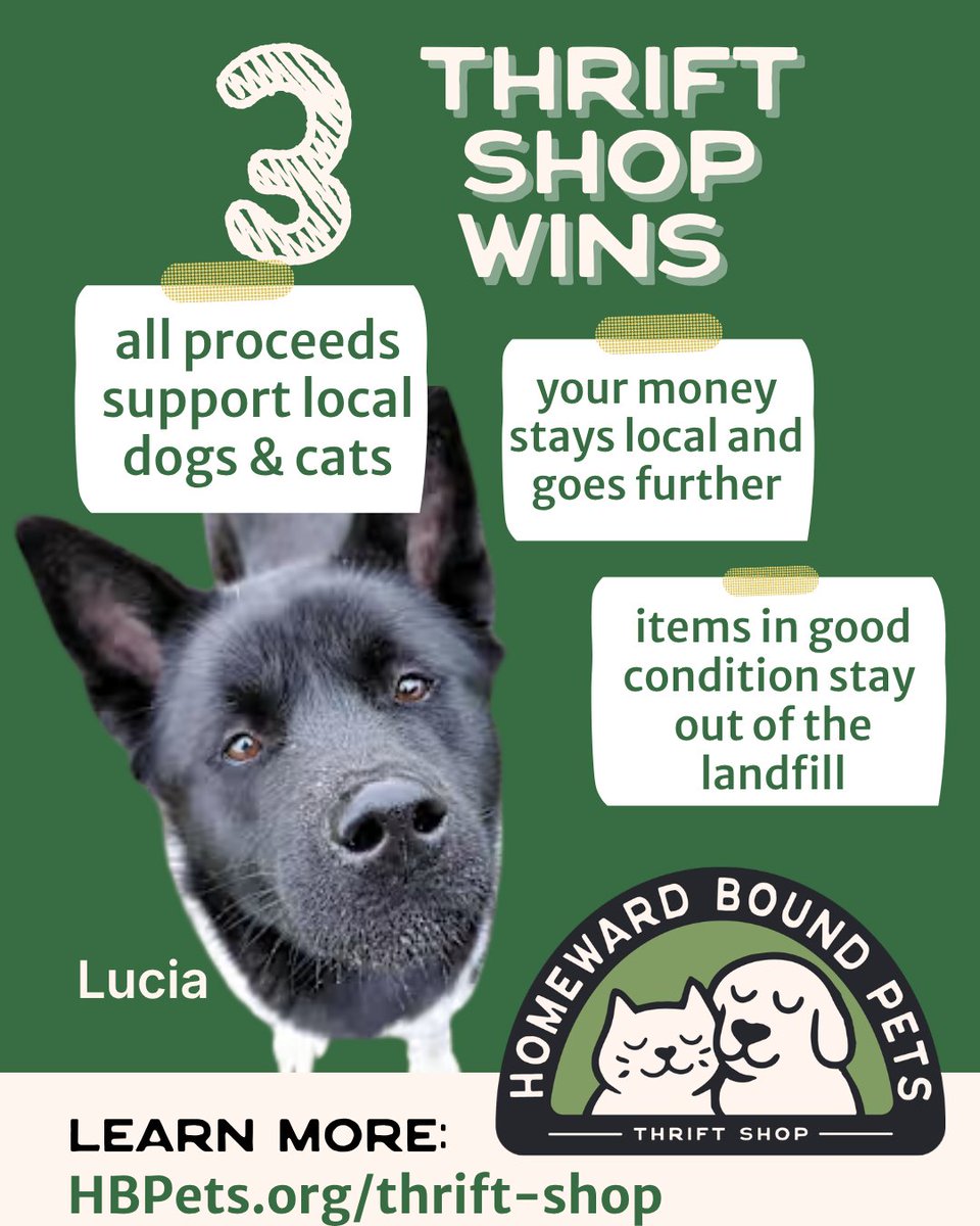 HB_PETS's tweet photo. 💚 Retail therapy that helps animals? Yes please! Our thrift shop - in-store and online - is packed with treasures, and every purchase supports pets in need. 
👉16K+ sales w/5⭐: Mercari, Poshmark &amp; eBay: https://t.co/JpgKl8RWj8

🐶Lucia's is the best: https://t.co/4inMiSkW7M https://t.co/O3oni5woCg