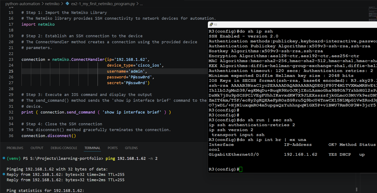 skyzo_sa's tweet photo. These commands work just as they would in the CLI, but now you can execute them through Python, as shown in this exmaple, trying out different commands on your own is a great way to explore Netmiko and become more comfortable with both Python scripting and network automation. https://t.co/juLzwybyqq