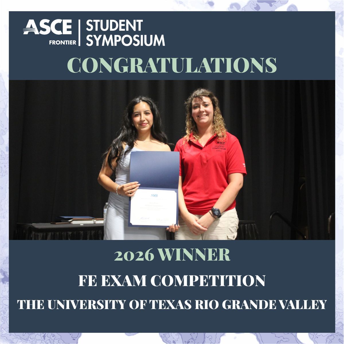 TEXASCEtweets's tweet photo. Congratulations to the winners of the 2026 ASCE Frontier Student Symposium FE Exam Competition, The University of Texas Rio Grande Valley!

Join us in celebrating this year’s outstanding teams and competitors! #FrontierSymposium26 #ASCE https://t.co/Dm1T8vW9VB