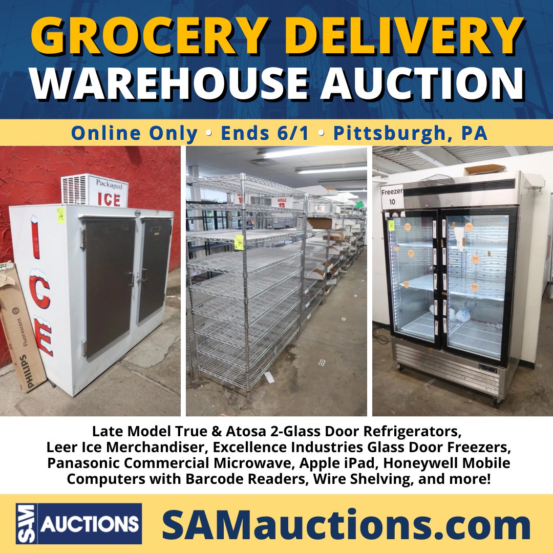 SAM_Auctions's tweet photo. TOMORROW: Bid Now for the Grocery Delivery Warehouse Auction!

Featuring: Late Model True &amp; Atosa 2-Glass Door Refrigerators, 
Leer Ice Merchandiser, Excellence Industries Glass Door Freezers, Apple iPad, Honeywell Mobile Computers, and more!

Bid Now: https://t.co/LTtfWRTLL0 https://t.co/3YXj6K3n1x