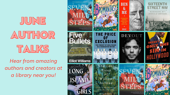 dcpl's tweet photo. June at DC Public Library brings a packed lineup of author talks with journalists, novelists, historians, legal analysts, and graphic storytellers. Conversations cover Pride, Father’s Day, climate change, America’s 250th, and more. https://t.co/SMxlE0iQYT https://t.co/PWmA9U8Fq7