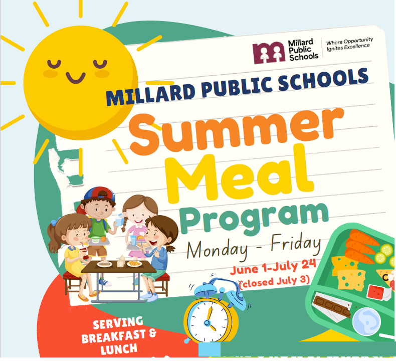 MillardPS's tweet photo. Free Breakfast and Lunch for Kids! The Summer Food Program runs June 1st to July 24th at Millard South, Millard North, Central Middle School, and Horizon High School. It runs from June 1st to July 2nd at Sandoz and Bryan. More information is available at https://t.co/pcJiED5sto. https://t.co/HCO8eN2WlR
