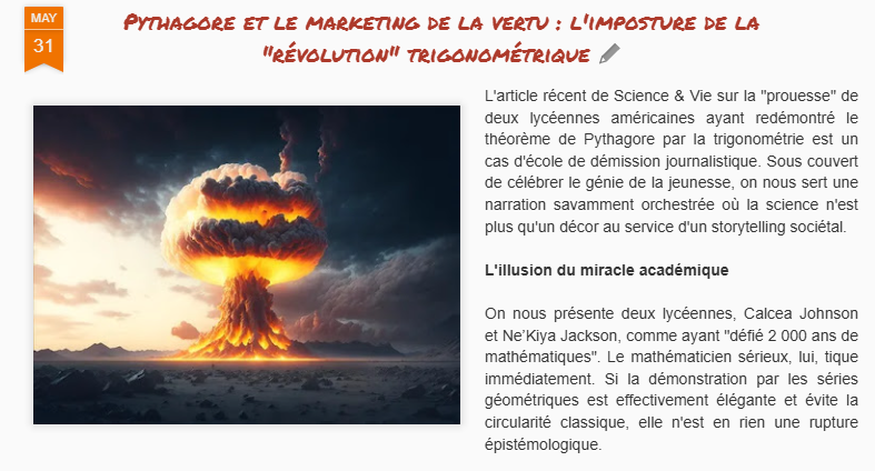 MegamathsTweets's tweet photo. Pythagore et propagande : quand la trigonométrie sert de vitrine au storytelling US. 
Pourquoi la "prouesse" de Johnson &amp; Jackson est une manipulation médiatique. Analyse d'un naufrage journalistique !
#Mathématiques #Pythagore #ScienceEtVie #FakeNews
https://t.co/HpFB3uAj3o https://t.co/TpuS4oyuTr