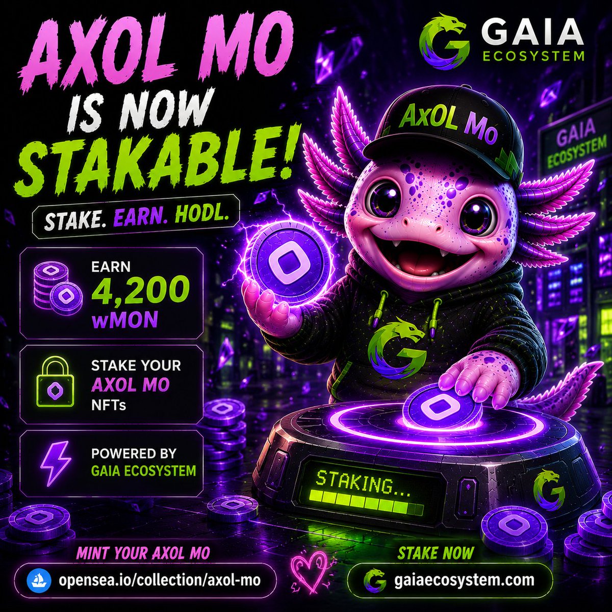 GaiaEcoNFT's tweet photo. 🚨AX0L MO IS NOW STAKABLE🚨

Your Ax0l Mo NFTs can now be staked on Gaia Ecosystem🚀

💎 Earn 4,200 wMON
⚡ Stake with ease
🌍 Powered by Gaia Ecosystem

Mint your Ax0l Mo
https://t.co/EOWXjKnYSb

Stake today
https://t.co/0ZjNQOSQM2

#Ax0lMo #Monad #NFT #NFTStaking #GaiaEcosystem https://t.co/JkeOo4DOXW