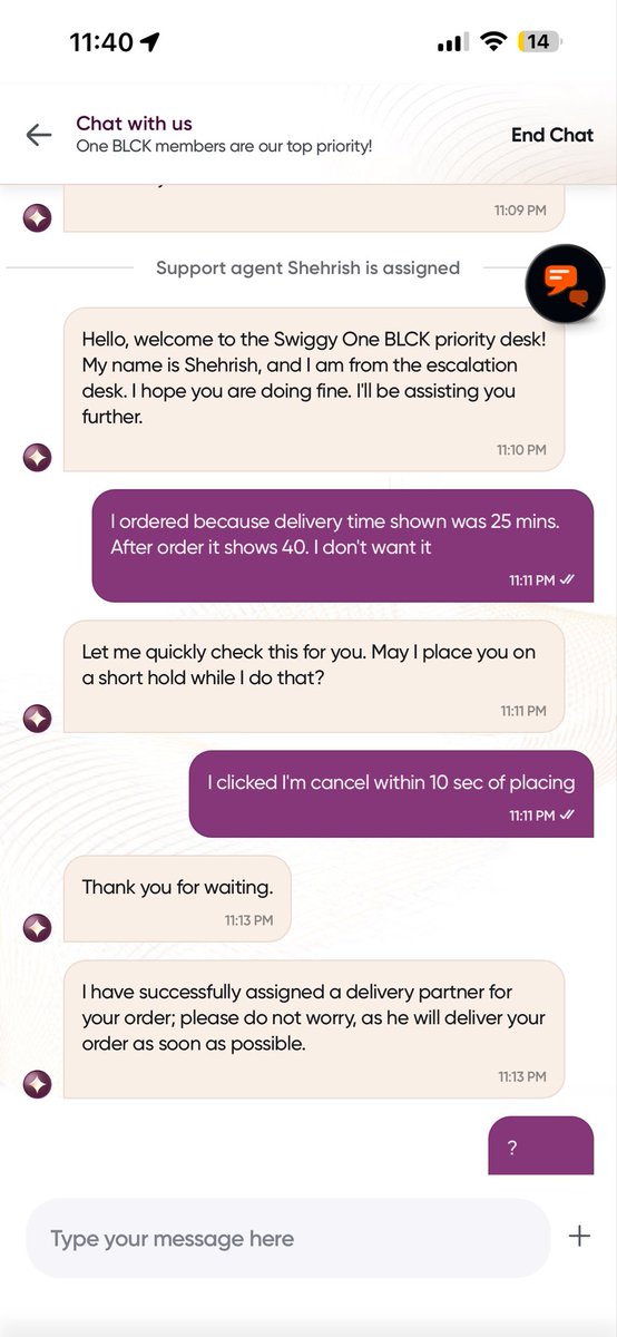 nishant373's tweet photo. @Swiggy waiting since the last 24 mins for your agent to answer on the chat. Agent name is Tehrish. I am a BLCK member. 
1. You show me 25 mins to deliver,
2. You show 45 mins just after the payment
3. And then when I cancel within 10 sec, you hold for 24 mins. https://t.co/yJYHaEoPZ0
