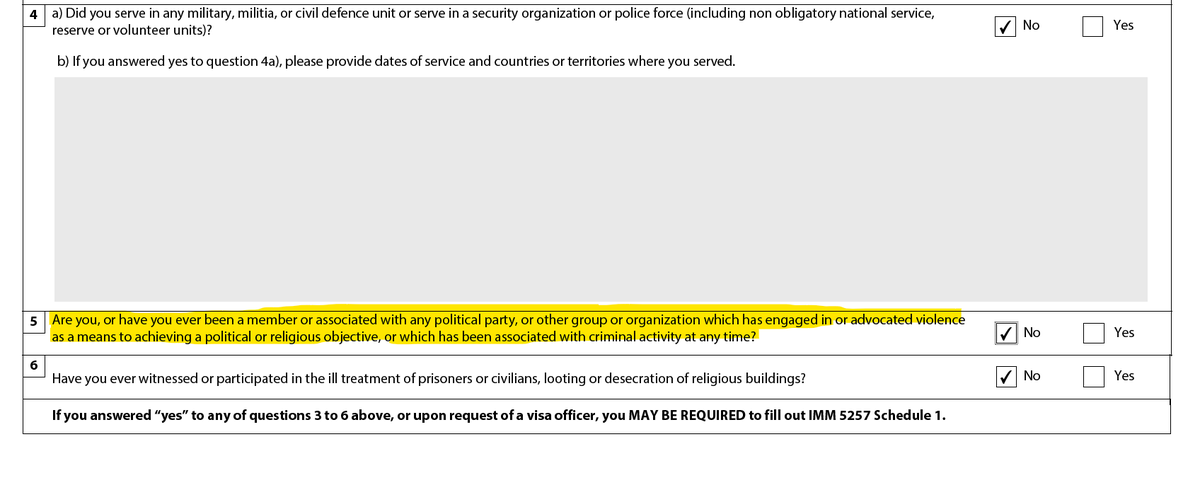 dikshitsoni's tweet photo. 10/11 Now look at this carefully. This question appears on every Canadian immigration form. Every single one.

Everything posted online is a permanent record. Timestamped and searchable. 

@CitImmCanada  enforcement is at its strictest in the history of the program. CBSA watches. Courts watch. Immigration adjudicators have access to open-source information and act on it.

If an organization operating under the guise of advocacy gets named, sanctioned, or banned following violent activity, every person publicly associated with it faces that question on EVERY future application. 

Spousal sponsorships. Citizenship. Travel documents. Study permits for children. Forever.

Social media traction feels like momentum. Political statements of sympathy feel like progress. At the end of it, it's deflection. Politicians have to be politically correct, issue carefully worded responses, and move on. 

The likes don't convert to policy. The association with an organization that crossed a legal or ethical line converts permanently, into permanent immigration records in GCMS.

Mind you, this is not lobbying. This is gambling with the futures of the most vulnerable people in the room.