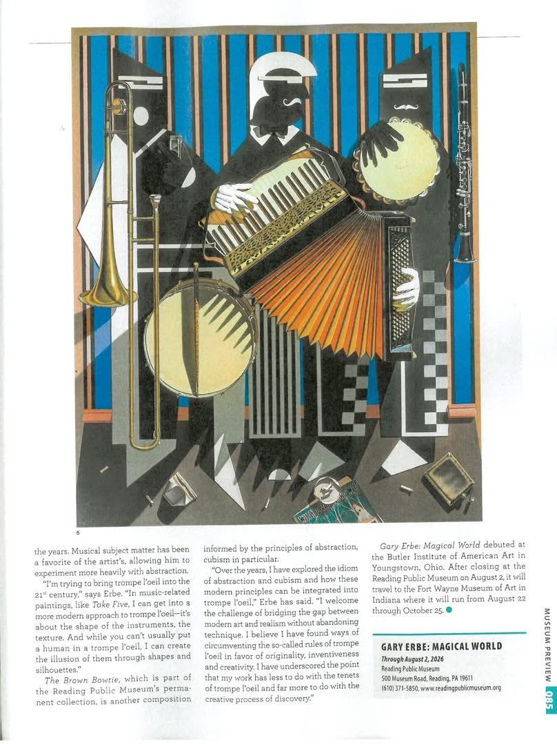 gary_erbe's tweet photo. A recent June 2026 article in American Art Collector Magazine. I would like to thank Scott A. Schweigert, Curator of Reading Public Museum in facilitating this article. #readingpublicmuseum #fortwaynemuseumofart #thebutlerart #philamuseumofart #AmericanFlag #abrahamlincoln #edgarallanpoe #trompeloeil