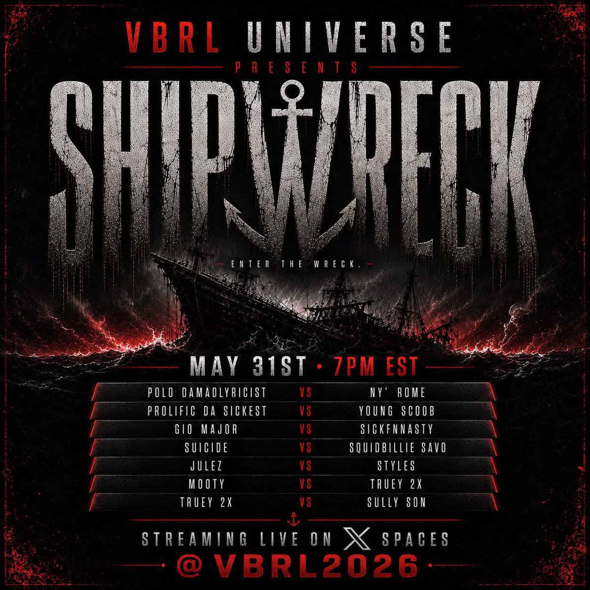 VBRL2026's tweet photo. VBRL Universe Presents SHIPWRECK🏴‍☠️🚢 Tonight at 6pm Central on X Spaces!! #VBRLShipwreck Link in the comments 👇 https://t.co/6SIqoYQnUt