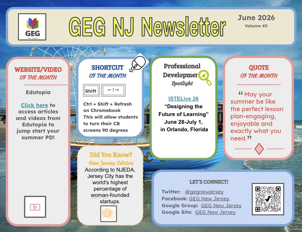 ourtechcoach's tweet photo. The June 2026 GEG New Jersey newsletter is out!  Last one for this school year here in Jersey! #gegnj #newsletter @GoogleForEdu @Ms_KatieNieves 
https://t.co/YcynicREQP https://t.co/cyXdwKjqef