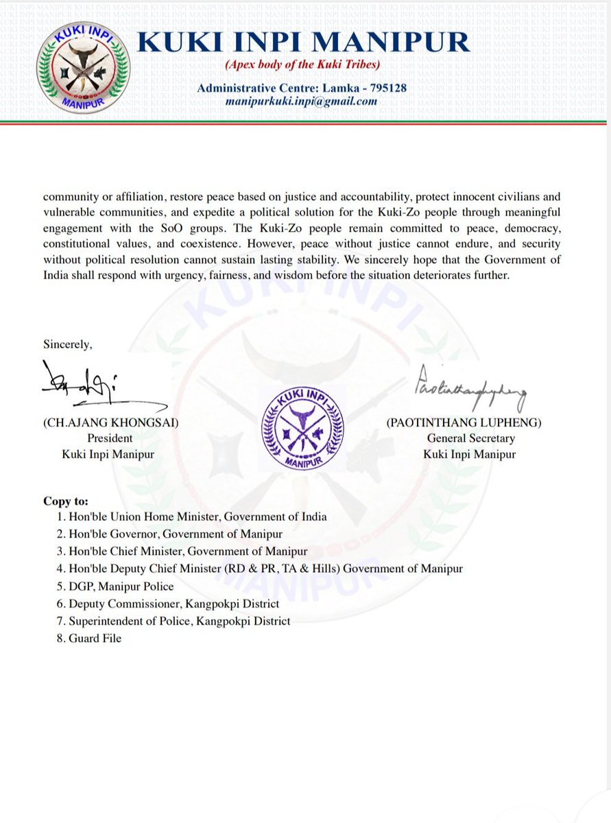 KhongsaiChanu's tweet photo. Manipur: Kuki Inpi Manipur submitted a memorandum 30/05/2026 to @PMOIndia @narendramodi demanding : 

- Justice for the brutal killing of three Kuki church leaders.

- Safe , Immediate & unconditional release of the 14 Kuki hostages held captive by the SDSA, UNC , NSCN-IM Terrorists in Senapati district.

- End to the continued violence , persecution and Selective Justice against the Kuki Community.

- Expedite Political solution for the Kuki Community.

The Kuki community has endured over three years of violence, displacement, and selective justice but remain committed to peace and democracy. The Government of India must act now.

Justice delayed is justice denied !!

@PIB_India @official_dgar @PTI_News @NortheastToday @IndiaTodayNE @BSF_India @DeccanHerald @MIB_India @NENowNews @NELiveTV @CBC_MIB @Spearcorps @SpokespersonMoD @easterncomd @scroll_in @the_hindu @ThePrintIndia @thewire_in @adgpi @timesofindia @TheLallantop @ANI @power_corridors @PTI_News @HMOIndia @NCM_GoI @Dig_raw21 @samridhitewari @Kashish__singh_ @vijaita @EastMojo @PMOIndia @PIBHomeAffairs @GoI_MeitY @hrw @UNHumanRights @UN @India_NHRC