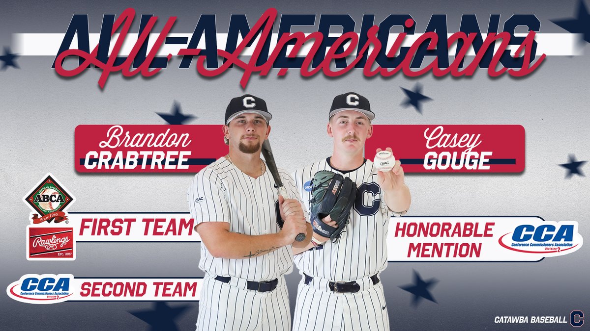 CatawbaIndians's tweet photo. The All-American honors continue to roll in for @CatawbaBaseball!

Brandon Crabtree is a unanimous All-American, earning First Team honors from @ABCA1945; Casey Gouge is a D2CCA All-America Honorable Mention! 

Release | https://t.co/7gEgXEY1Jd

#BeYourOwnHero | #CatawbaCulture https://t.co/4GjiR5TCiB