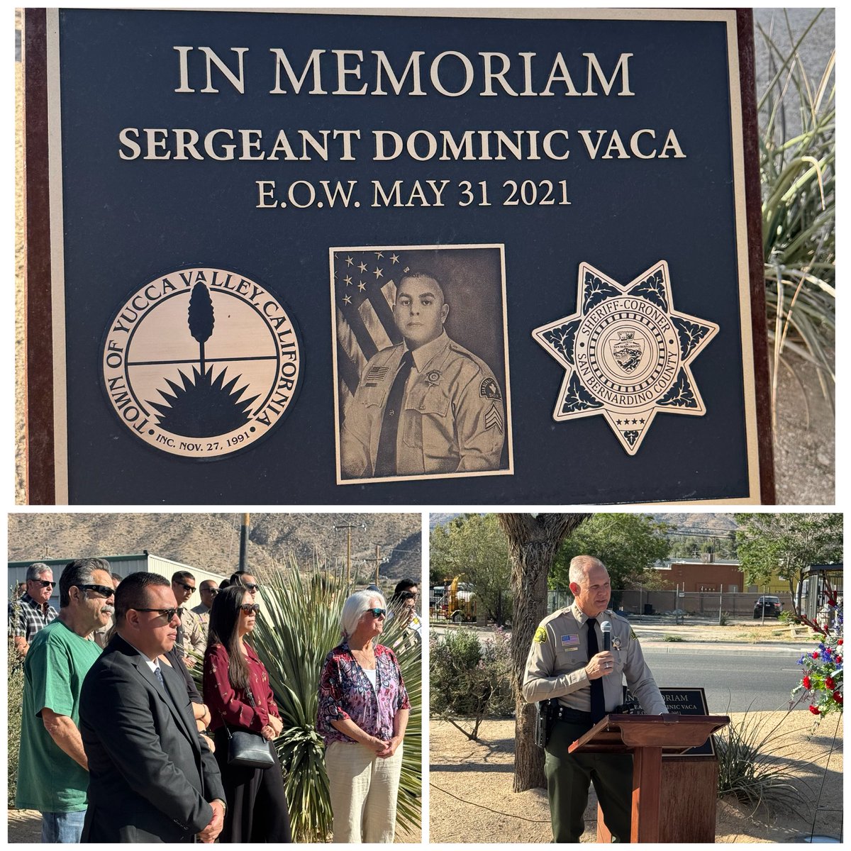 SheriffDicus's tweet photo. This morning we honored the life and legacy of Sgt. Dominic Vaca on the 5th anniversary of his ultimate sacrifice.

His law enforcement family, friends, local leaders and community members stood beside Dominic’s family to show their love and support for a man who was a true leader in every sense of the word.

Sgt. Vaca led by example and earned the respect of everyone around him through his actions, courage and character.

“Greater love has no one than this: to lay down one’s life for one’s friends.” — John 15:13

Dom, we honor you today and always. We will continue to stand beside your incredible family, keeping them under our wings and close to our hearts. They are strong, resilient and would make you incredibly proud.

@sbcountysheriff @morongobasinstn @MyYuccaValley