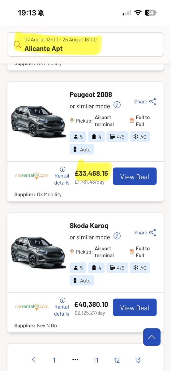 RodChopper's tweet photo. @OKMobilityCop I always use your vehicles but not sure I can justify spending £33,000 hiring a car for just over two weeks in summer, especially being it’s only a Peugeot 2008! How can you justify these prices??! #okmobility #carhire #alicante #ripoff https://t.co/O1mQxRaz9t