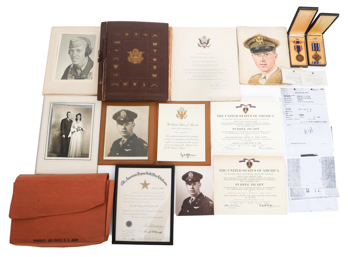 CenturionArms's tweet photo. Auction is Live! Plenty of time to join us for live bidding - We're about 50% through today's Wartime Military Memorabilia Auction. 

Bid Now Live Online @ https://t.co/kANEr1rKC3

In-House Global Shipping Is Available

Some of the lots still to sell today ~

- WWII Battle of Tarawa US Marine Corps Relic Killed In Action Grouping (Lot 156225)

- WWII 1944 KIA P-38 Fighter Pilot 2nd Lieutenant Lloyd J. Andrews Named Medals and Family Archive. Andrews had just completed his 73rd Combat Mission on October 20, 1944, 12 miles south of Cologne, Germany when he was shot down and killed. (Lot 156226)

- WWI US Army Air Corps 3" Pilot Wings. Maker marked by Tiffany and Co and marked Sterling on the reverse. (Lot 156262)

- WWII American Ace Pilot General John C. Meyer Attributed Distinguished Service Cross with 2 Oak Leaf Clusters. Numbered 9889. (Lot 156219)

*********************

Some of the lots sold thus far today ~

- Austro-Hungarian Cavalry Veterinarian Anton Stephelbauer's 18k Gold Medals and Silver Awards Grouping (Lot 156103) | Sold $6,125

- Civil War United Daughter's of the Confederacy "Youngest Confederate Soldier" Award Cross. Named to FM Ironmonger Jr of the 16th Virginia Infantry Regiment. "Presented by United Daughters of the Confederacy of Fla 1861 - 1865, the youngest soldier in the Confederate Army" engraved on the reverse.  (Lot 156093) | Sold $3,920

- Civil War US Navy Service Medal and GAR Badge. Named to James H Bushnell. (Lot 156095) | Sold $2,080

- WWI through 1920s US Army Medal & 14k Gold Badges Grouping. Named to Sergeant Jerry Kubovy R-1014621, Troop G, 1st Cavalry. (Lot 156127) | Sold $5,145

- Indian Wars through WWI WRC and NYNG Service Medals (Lot 156099) | Sold $1,960

********************

Considering selling a wartime military memorabilia collection?

Speak with us today.

We travel nationally to pick up & transport collections.

Consignment & Sale Inquiries: 850-294-7121 | Sell@CenturionAuctions.com

************************

AU3798, AB3250, 22.5% BP
