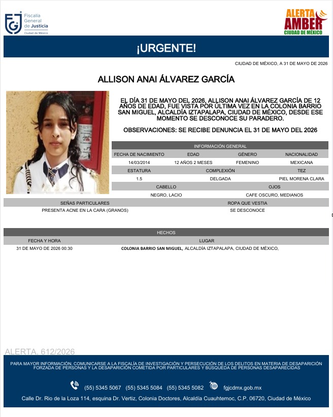 AAmberCDMX's tweet photo. Se activa #AlertaAmber para localizar a Allison Álvarez García, de 12 años, vista por última vez el 31 de mayo, en la colonia Barrio San Miguel, alcaldía Iztapalapa. https://t.co/3eNXZBjXBb