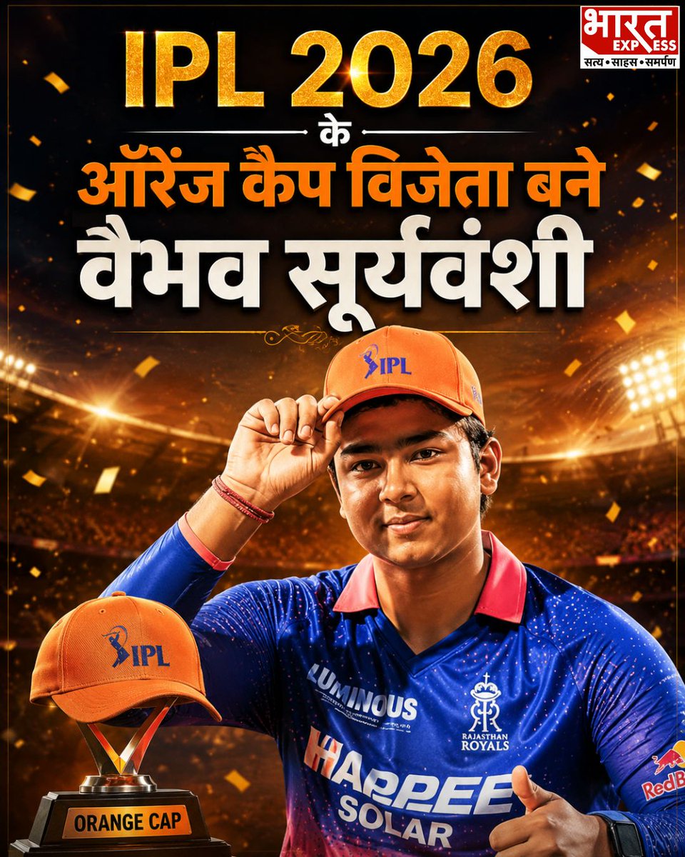 BhaaratExpress's tweet photo. राजस्थान रॉयल्स के युवा बल्लेबाज वैभव सूर्यवंशी IPL 2026 के ऑरेंज कैप विजेता बने। 16 मैचों में 776 रन बनाकर उन्होंने सीजन के सबसे सफल बल्लेबाज का सम्मान हासिल किया और इतिहास रच दिया।
#VaibhavSooryavanshi #OrangeCap #IPL2026 #RajasthanRoyals #RR #IPL #Cricket #OrangeCapWinner #YoungCricketer #CricketRecord #IndianCricket #FutureStar #BattingSensation #T20Cricket #SportsNews #CricketNews