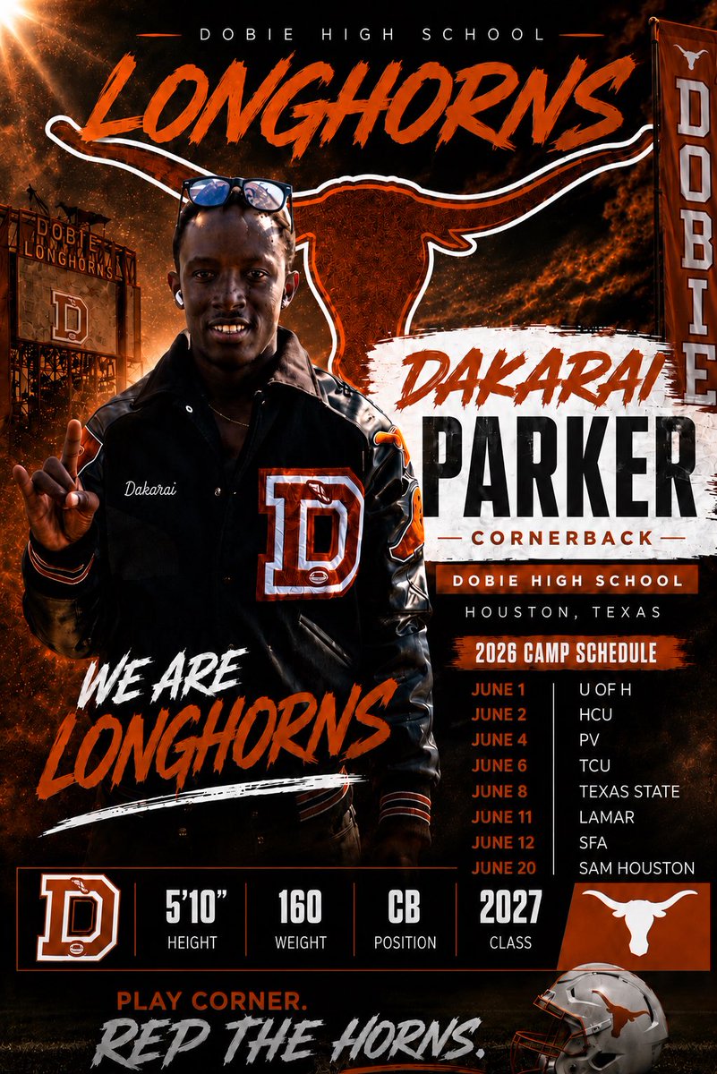 DakaraiParker27's tweet photo. College camp season starts now. Here are the camps I will be attending. I’m ready to compete out there.Senior Szn loading. Let’s do it💯. #HardworkGodfirst @UHCougarFB @HCUFootball @pvamufb_ @SFA_FBRecruit @TCUFootball @TXSTATEFOOTBALL @LamarFootball @BearkatsFB https://t.co/10ugIIy5vG