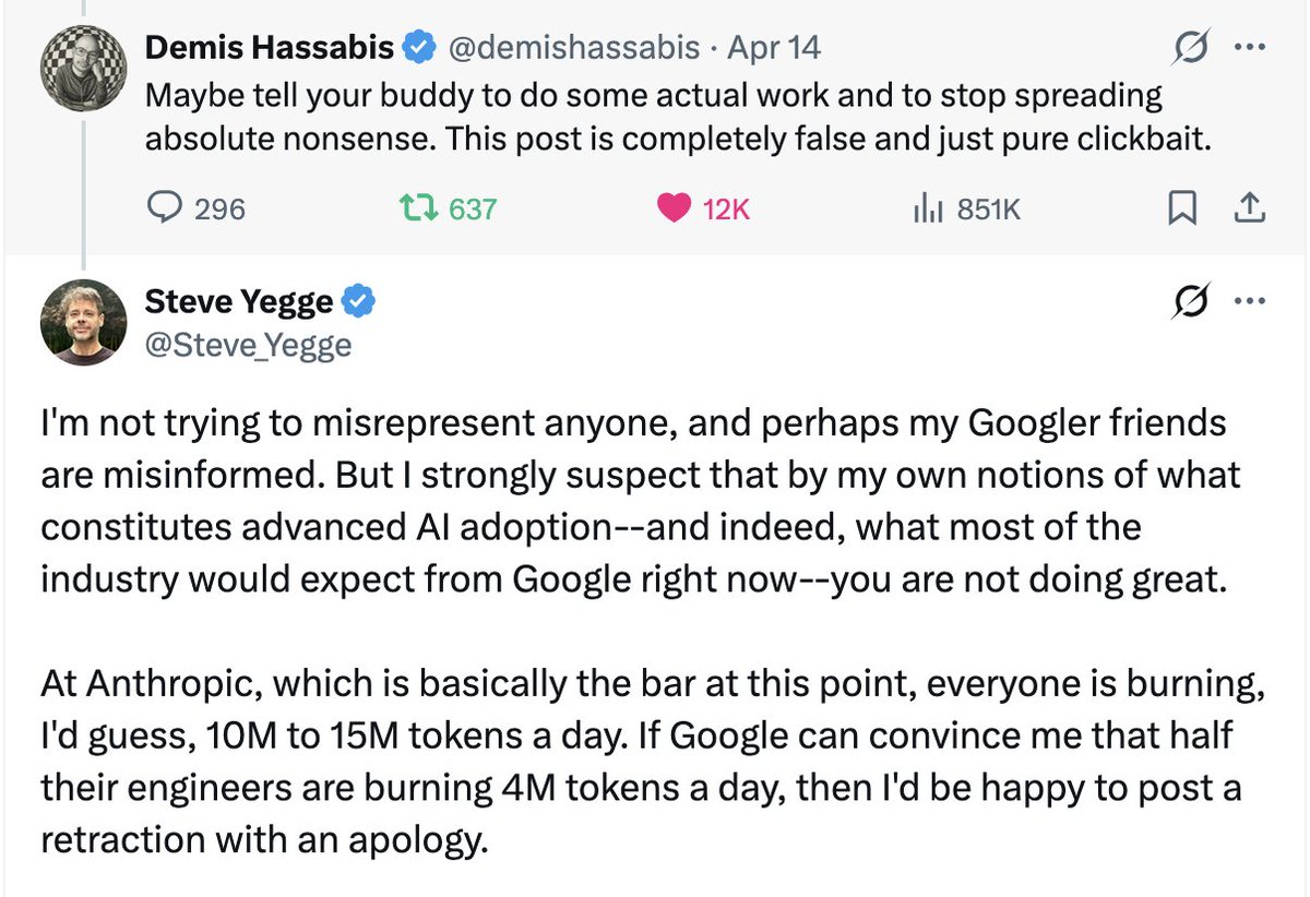 championswimmer's tweet photo. Ok now that tokenmaxxing is starting to get its fair share of criticism properly.... imagine reading this exchange all over again. 😅

"you are not a good engineering company unless you can convince me that your engineers are burning infinite tokens" https://t.co/RUXzSD5vzS