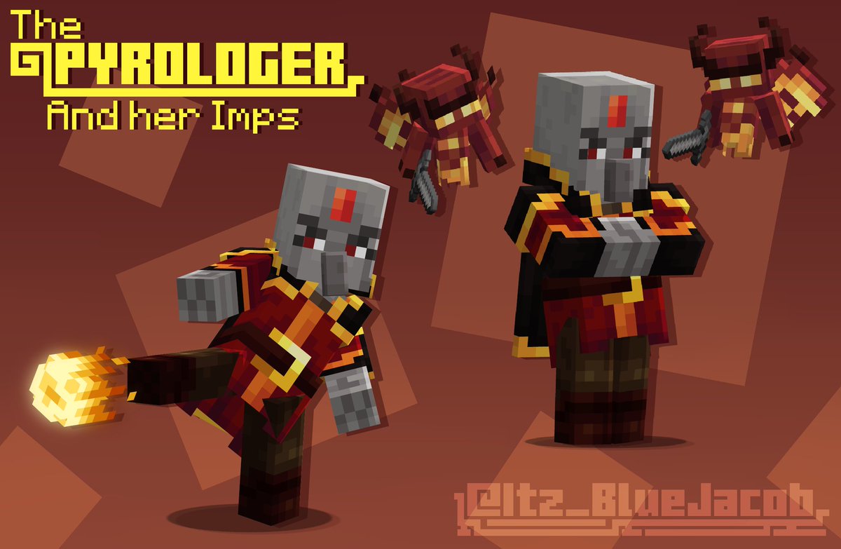 Itz_BlueJacob's tweet photo. [🔥] The Pyrologer! (And her Imps)🔥

From Pyrologer and Friends mod (My mod 💙)

I had a lot of fun designing her, the new outfit and moves were heavily inspired by the Firebenders from Avatar:TLA

#Minecraft #MinecraftDungeons #LowPoly #PixelArt #BlockBench #illager https://t.co/A7hlpaDO4T