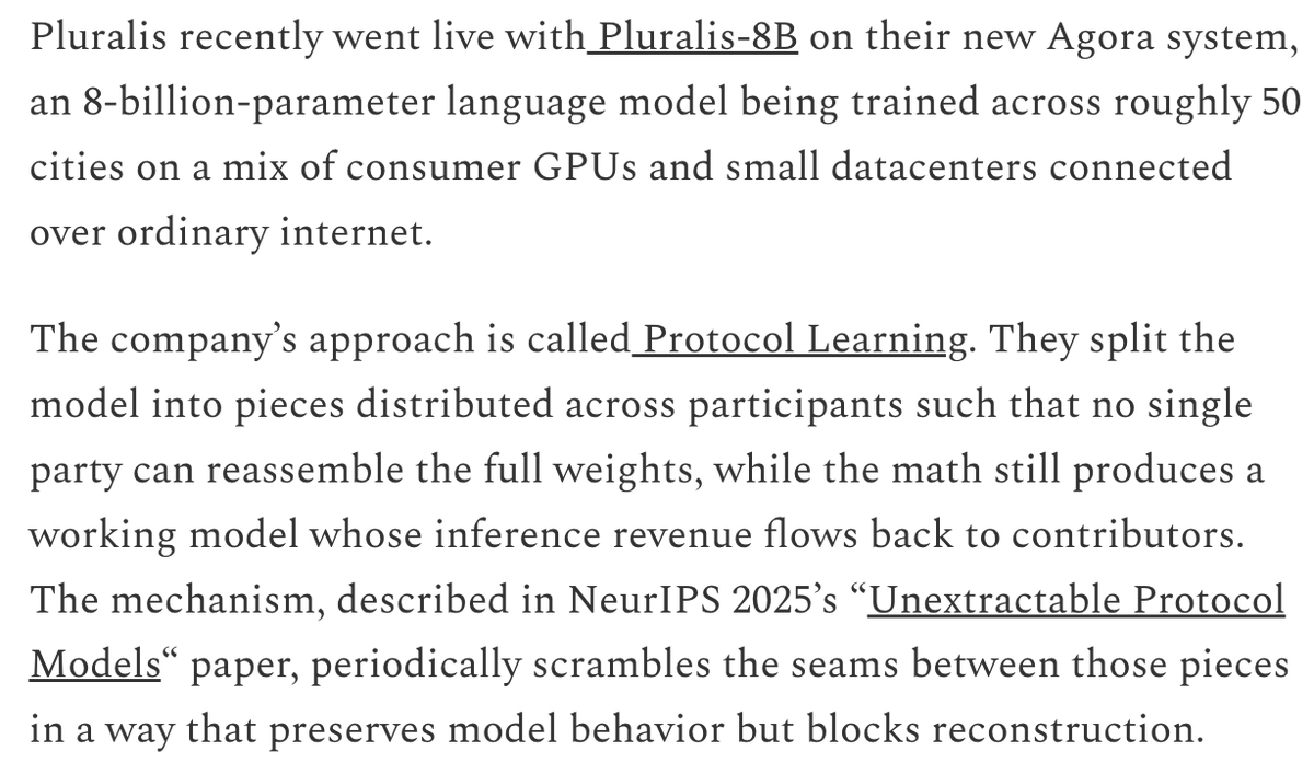 AlexanderLong's tweet photo. Whole section on Pluralis in Chamath's substack this week right under details of Anthropic's monster round. https://t.co/uPWkOMXokN