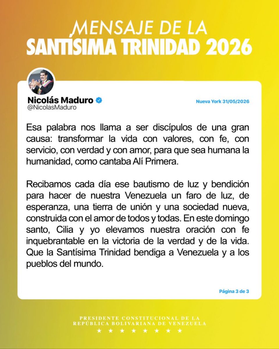 EmbCongo_ve's tweet photo. Mensaje del presidente Nicolás Maduro con motivo del Domingo de la Santísima Trinidad, día de luz para la renovación de nuestra fe en el destino de nuestra patria y la humanidad.
@Cancilleria_ve @yvangil @ypimentel2021 
#BringThemBack
#FreeThemNow
#FreeMaduro
#FreeCilia https://t.co/F8Ai7f1Rdv